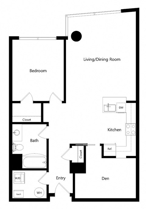 Floor plan for 1 bed, 1 bath, 938 sqft